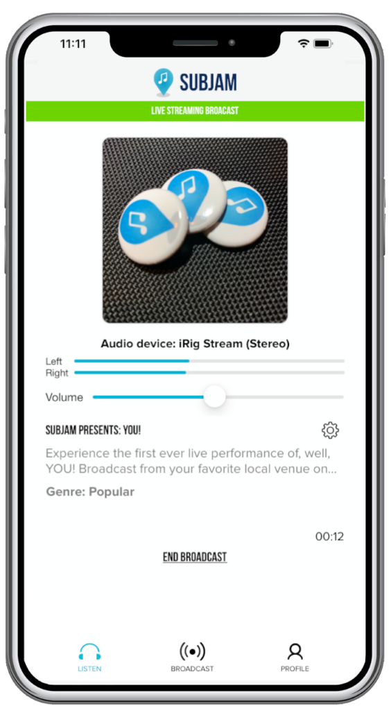 A picture of an iPhone with SubJam, broadcasting live.