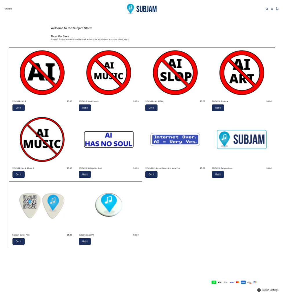 A screenie of the Subjam store